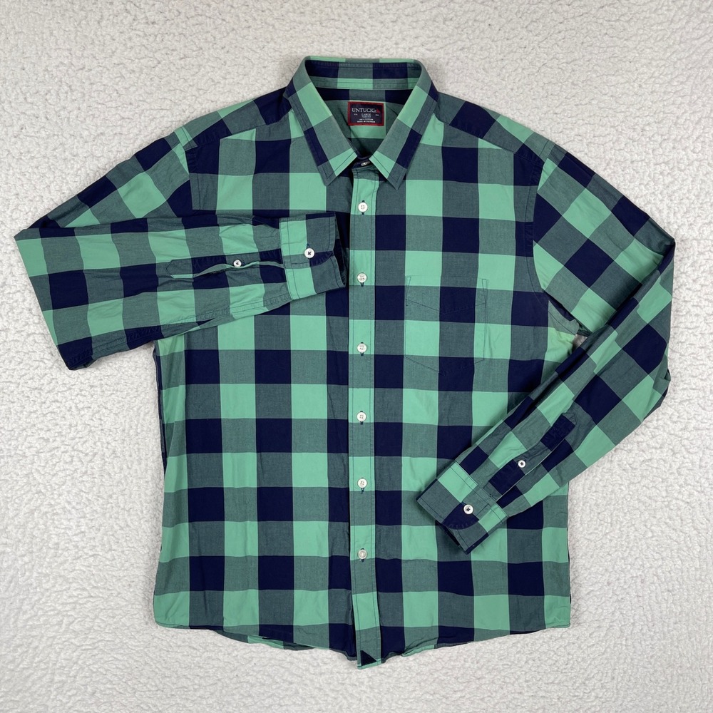 UNTUCKit Button Down Shirt Mens Large Green Navy Buffalo Check Bonarda Slim Fit